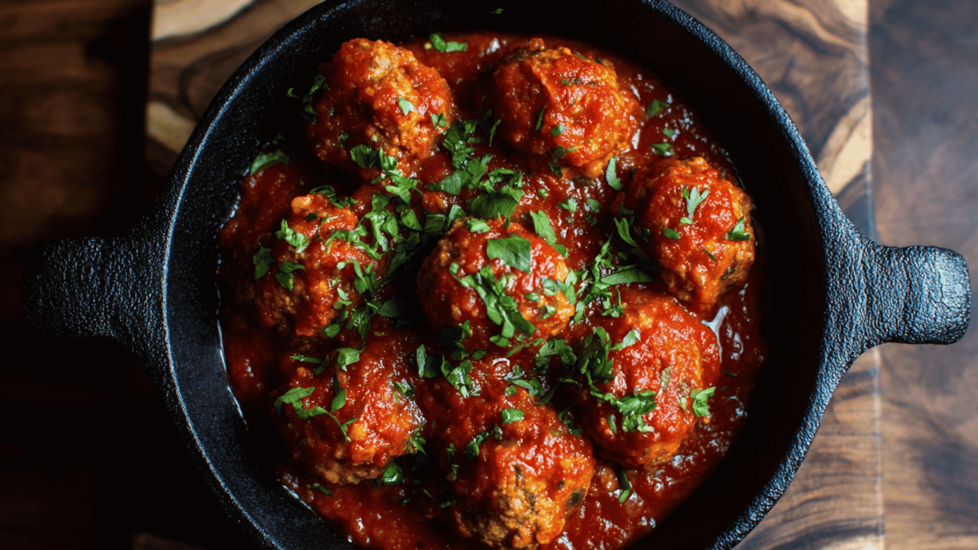 A hot skillet filled with tender, browned turkey meatballs simmering in a rich, vibrant red marinara sauce, beautifully garnished with fresh green basil leaves.