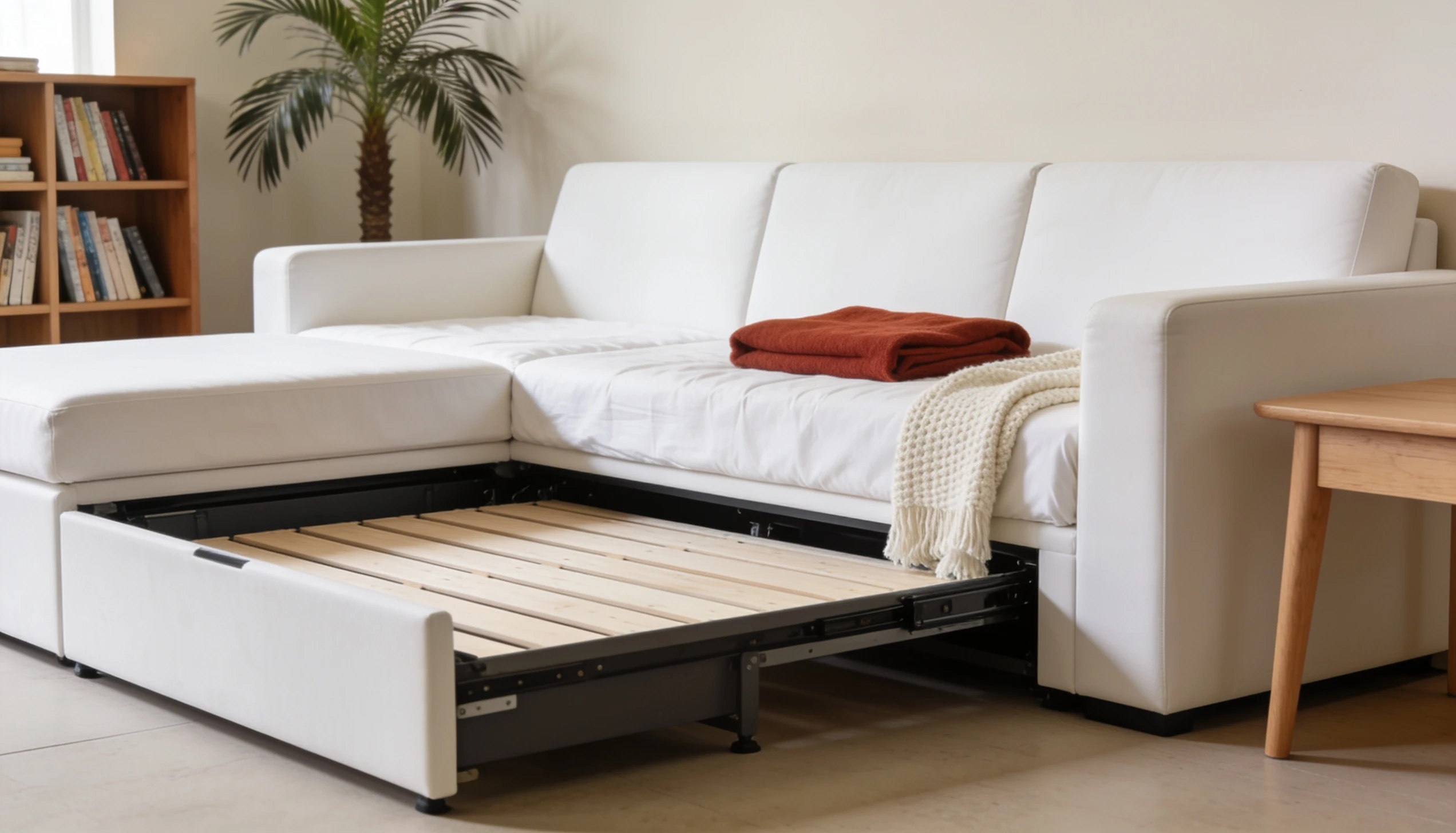 White sectional sofa with pull-out bed frame extended and a blanket folded on top.