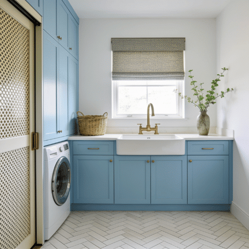 Light blue laundry room cabinets with white herringbone tile floors, a farmhouse sink, and a washer