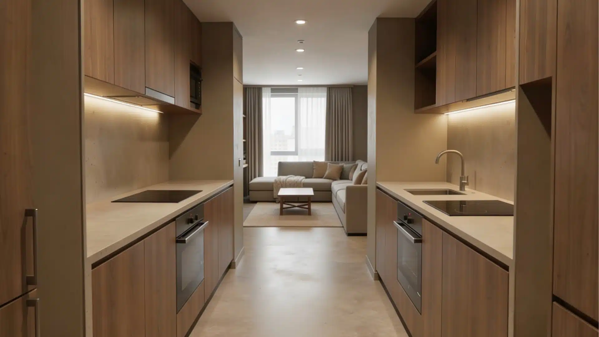 Galley kitchen with wood cabinetry and light countertops opening directly into a modern living room with a beige sectional sofa