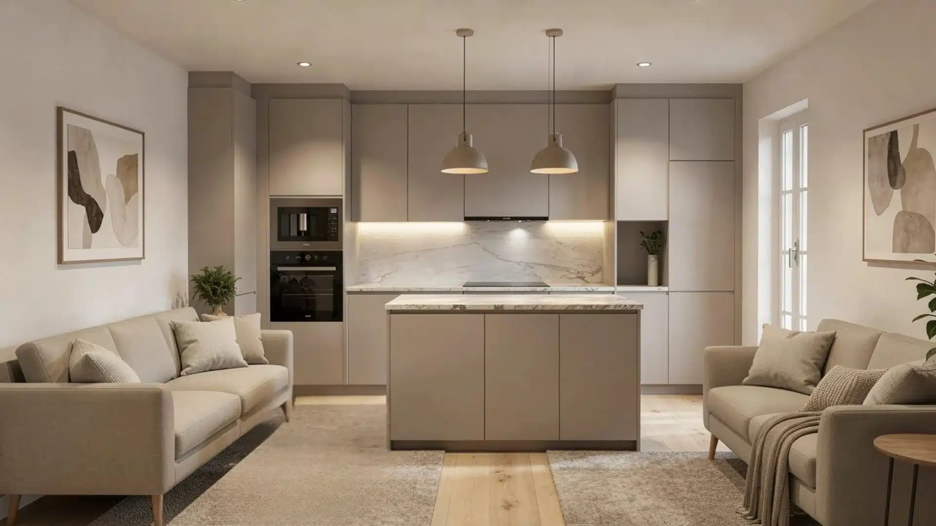 Open concept living space featuring a kitchen with a central island, integrated appliances, and marble backsplash, flanked by two beige sofas