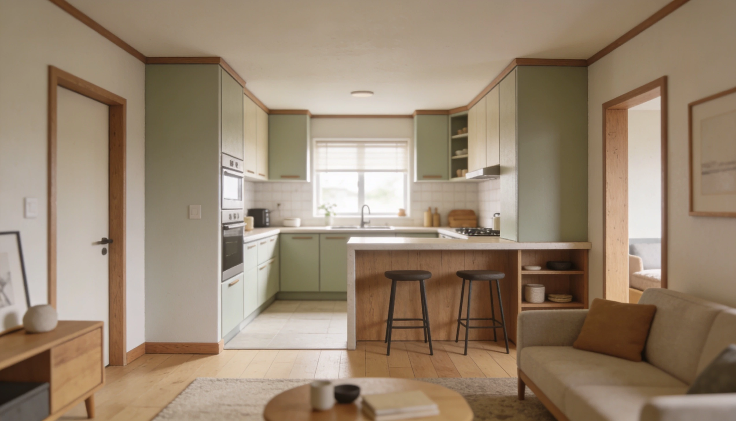 Open-plan living area featuring a L shaped kitchen with sage green cabinets, wooden accents, and a breakfast bar with two stools