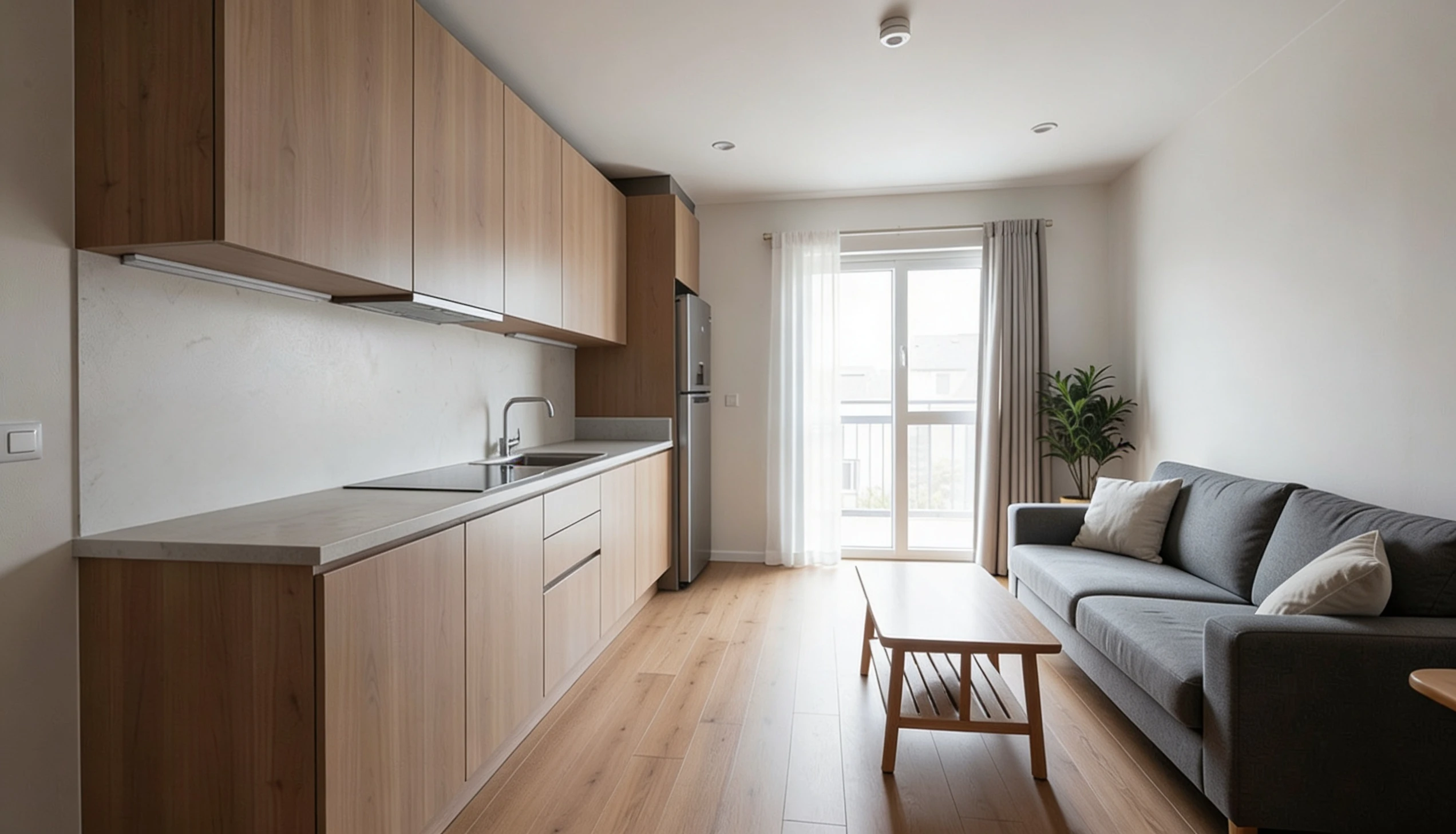 Modern studio apartment featuring linear layout in the kitchen area adjacent to a gray sofa and a coffee table