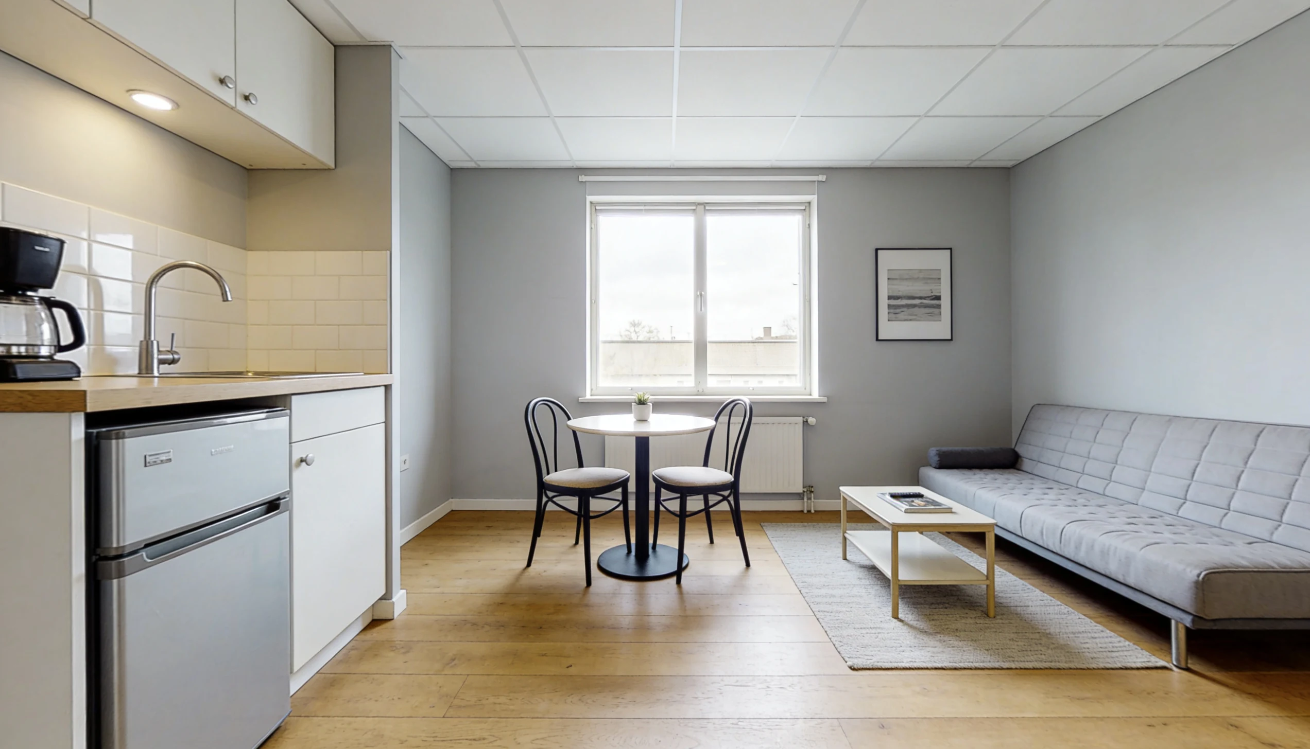 Modern studio apartment with light grey walls, wood floors, a small kitchenette, a dining nook with two chairs, and a grey sofa