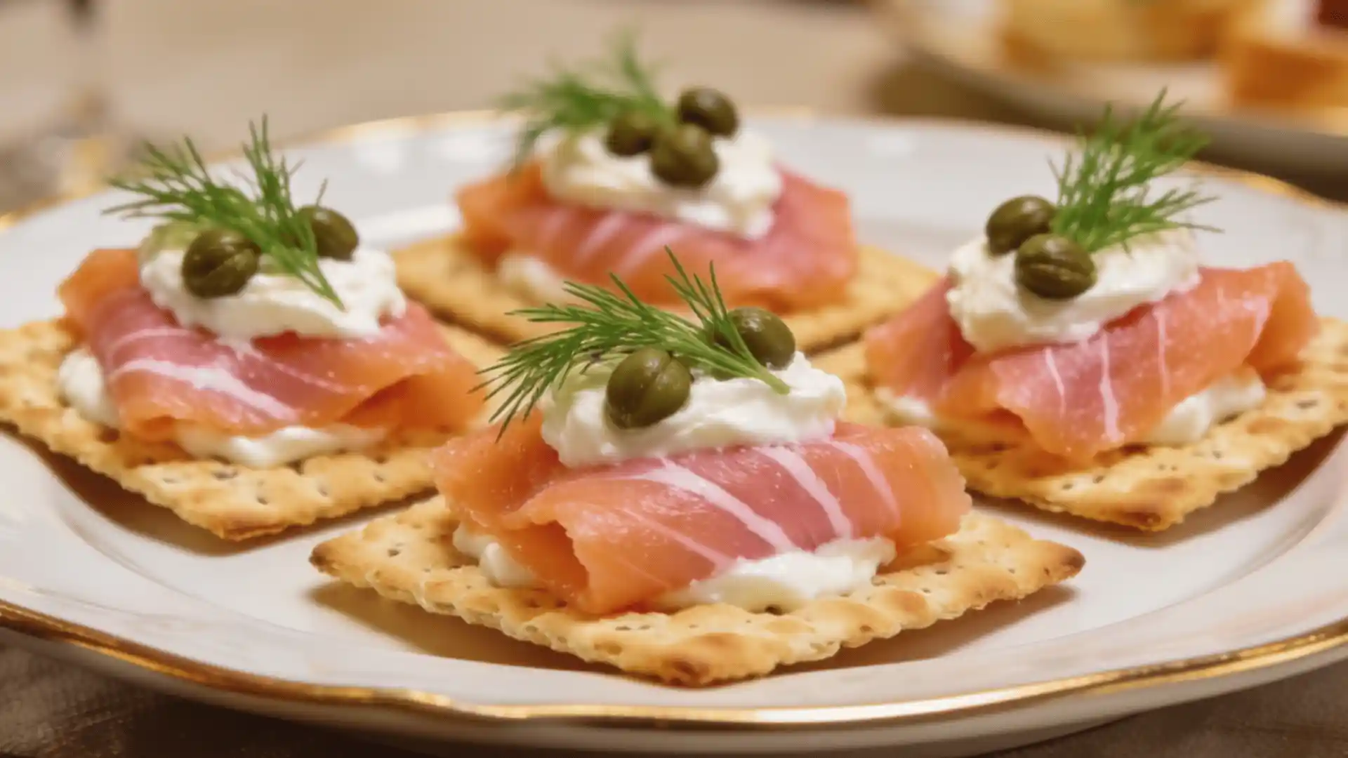 Four salmon and cream cheese crackers topped with capers and dill on a white plate.