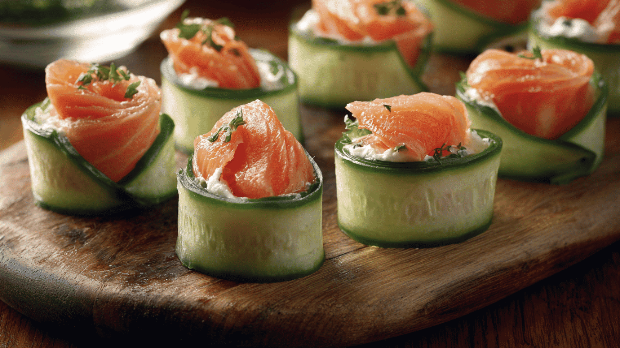 A close-up of a whole wheat tortilla rolled tightly with a creamy layer of cream cheese, pink smoked salmon slices, crisp cucumber strips, and small capers, sliced cleanly into bite-sized pinwheels.