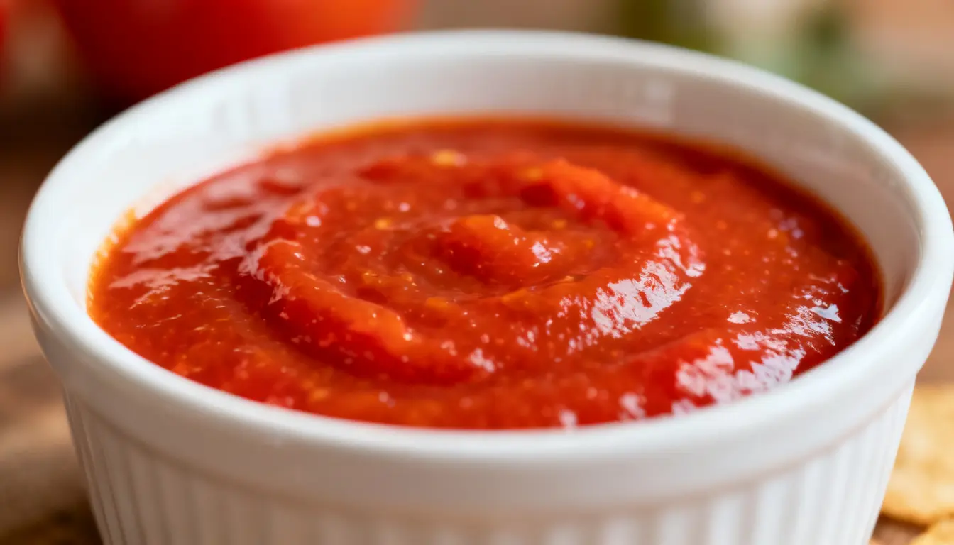A bowl of rich tomato sauce surrounded by fresh tomatoes and crispy crackers
