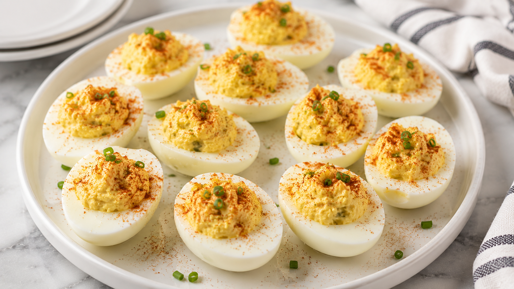 Deviled eggs topped with paprika and chives, arranged on a white platter with a creamy filling.