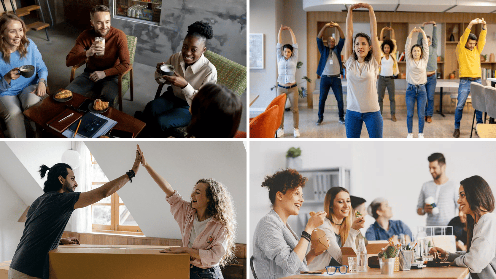 Collage of social wellness activities featuring coffee chats, group stretching, peer recognition, and team lunches.