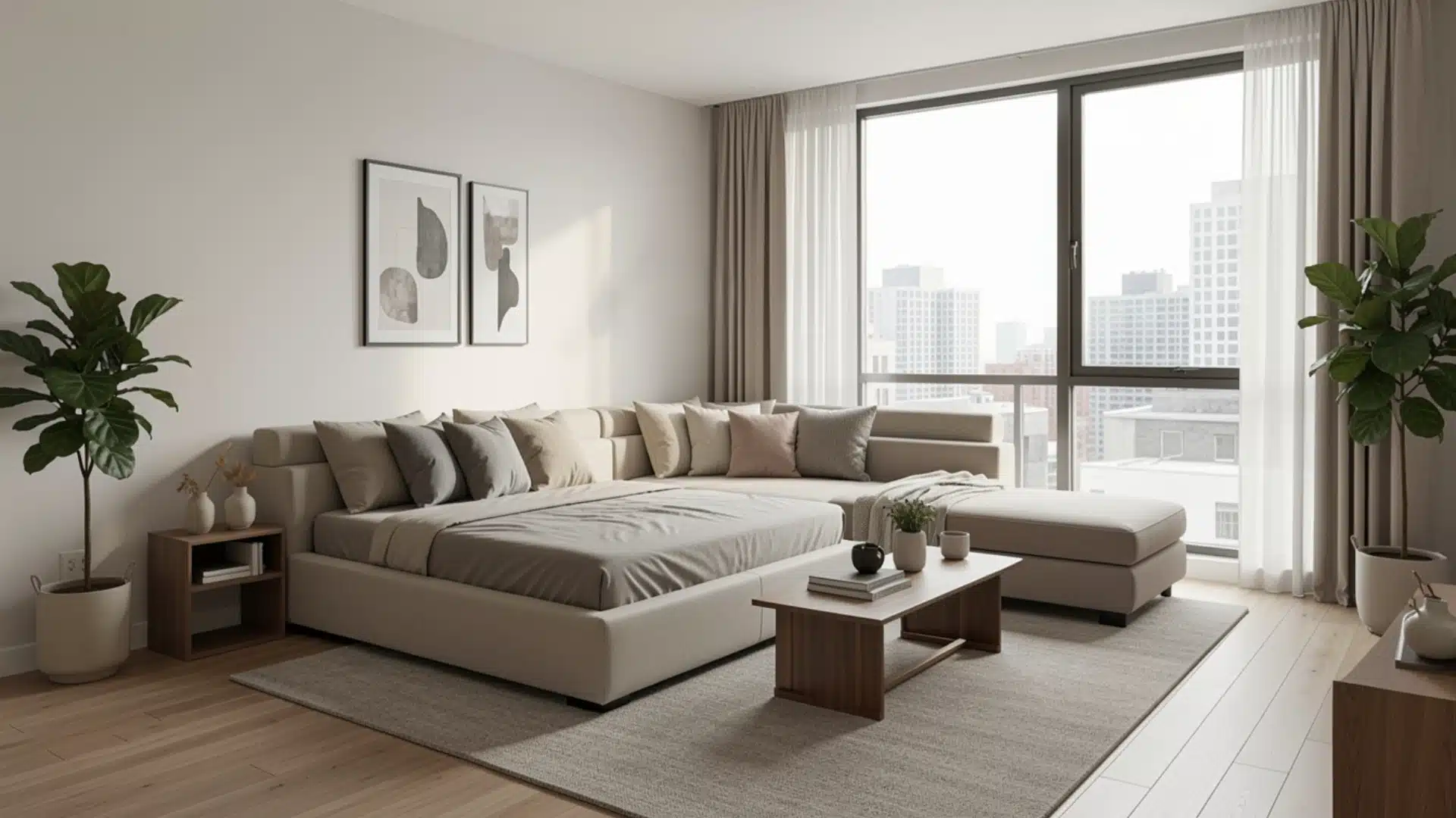 A modern living room featuring large windows, a stylish couch, and contemporary decor elements.