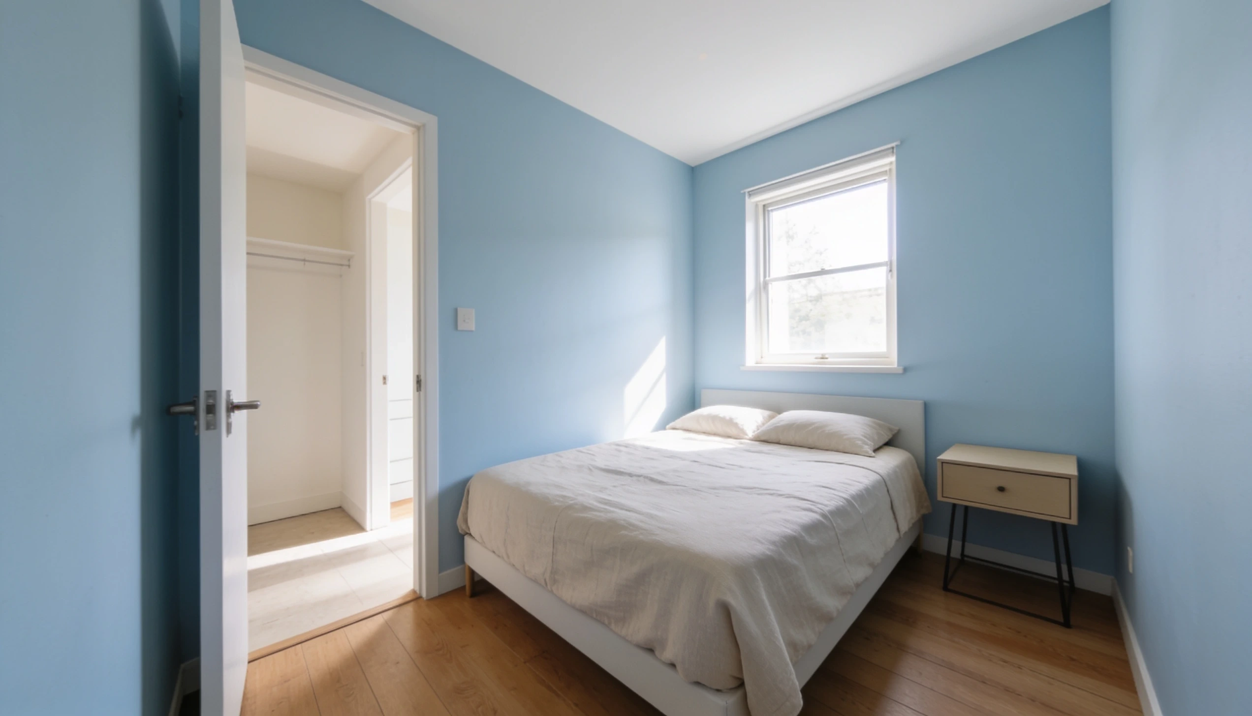 A bedroom with light blue walls, a white bed with beige linens, a single bedside table, and an open doorway revealing a closet.