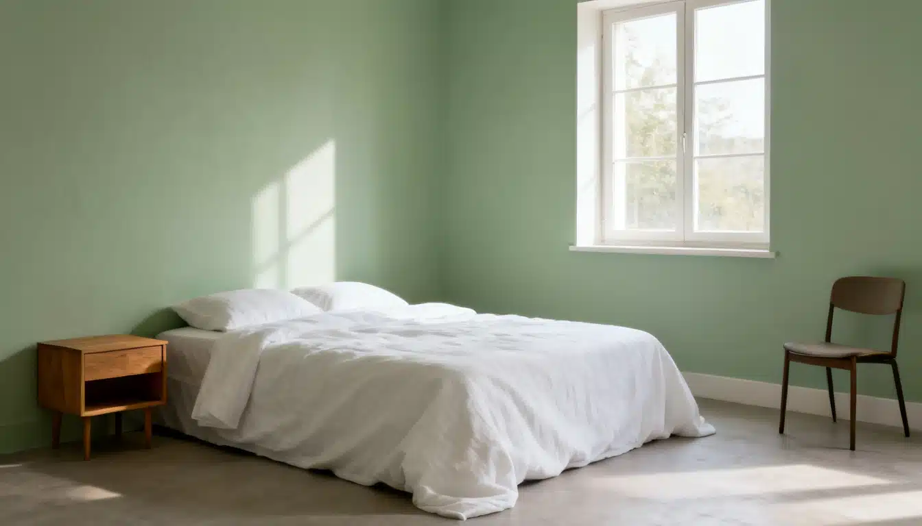 A bedroom with a white linen bed, wooden nightstand, and chair with sage green wall.