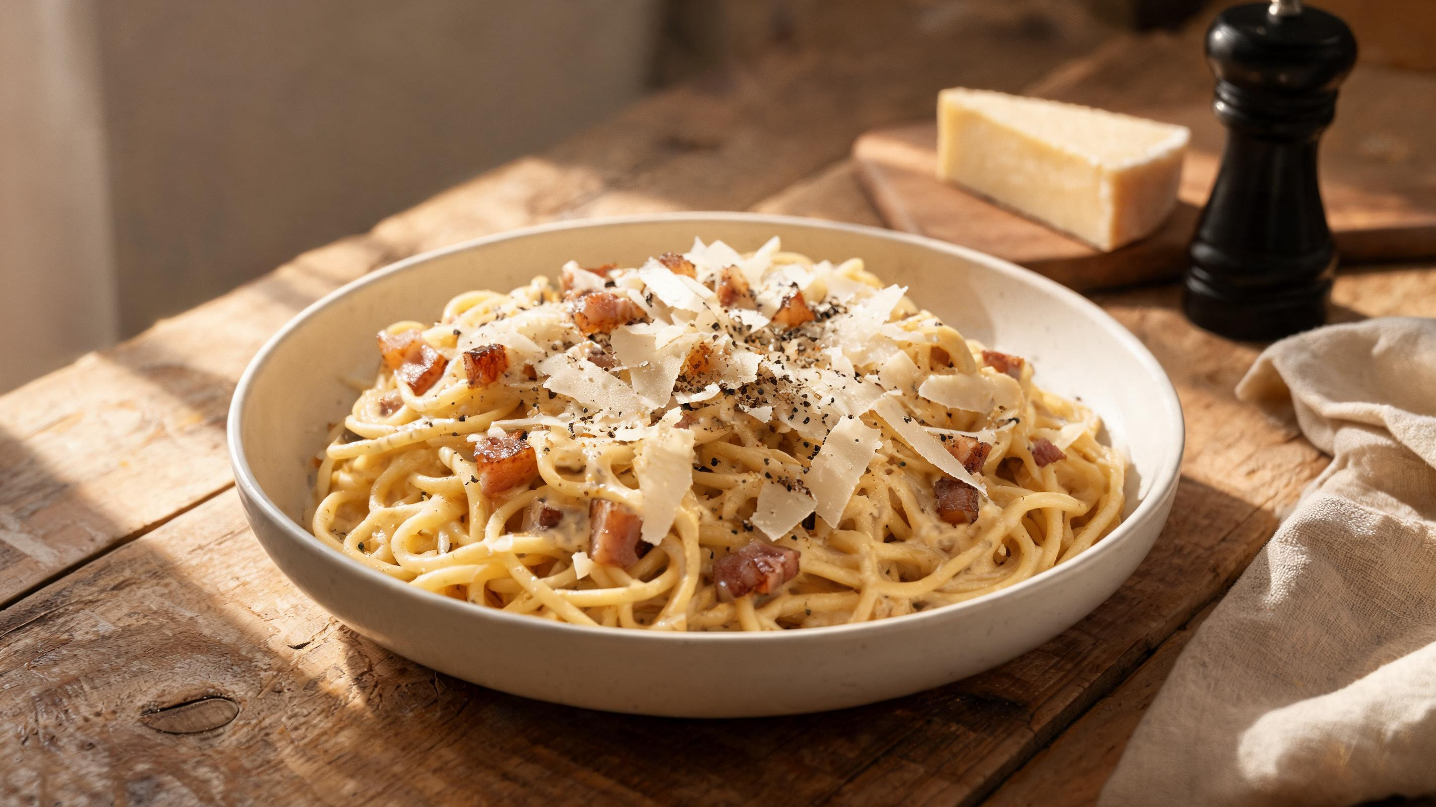 Bowl of spaghetti alla carbonara topped with crispy pancetta, shaved cheese, and black pepper.