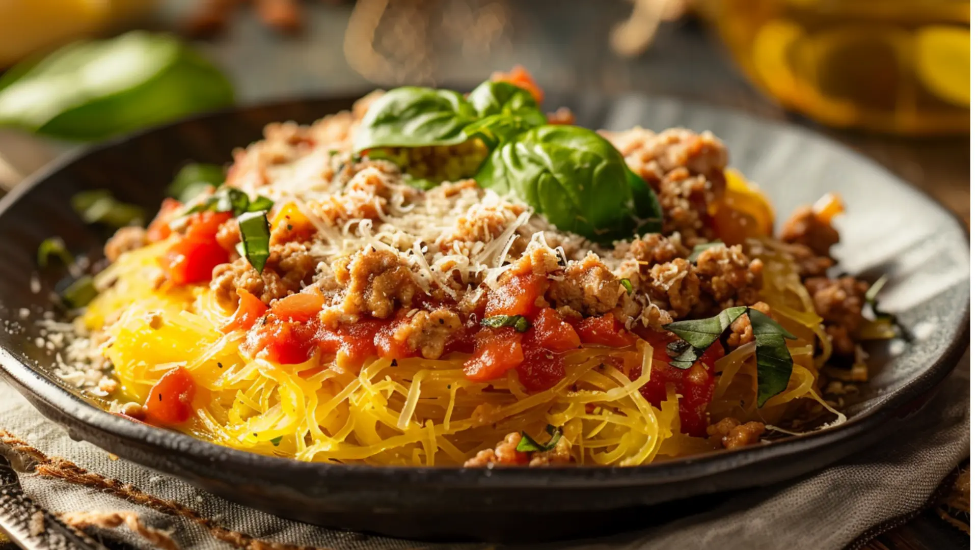 Center focused spaghetti squash with sautéed ground chicken garlic onion and marinara sauce garnished with fresh basil and grated parmesan