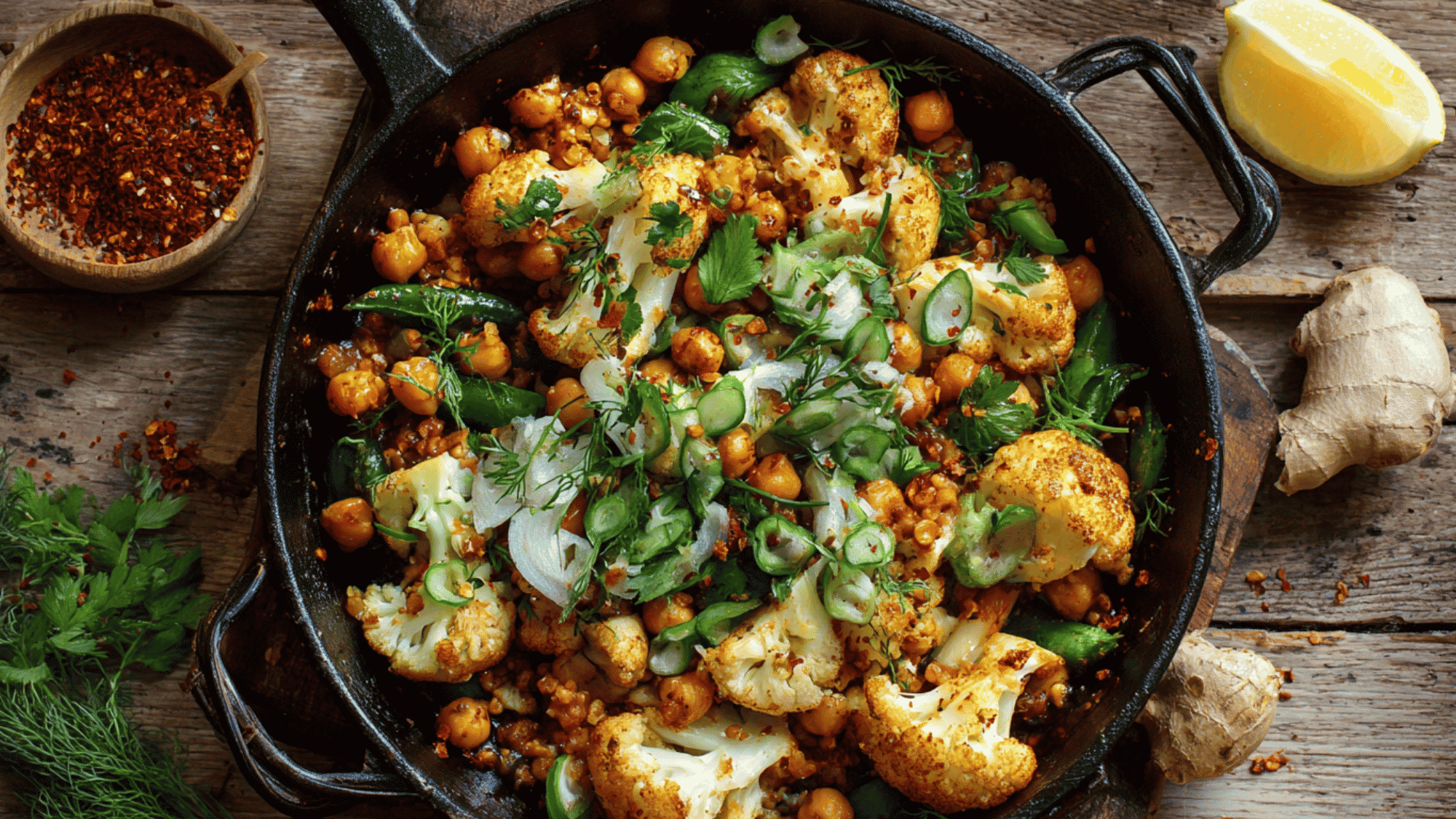 A smoky, spiced plant-based skillet dinner filled with golden cauliflower florets and tender chickpeas simmered in a rich tomato sauce, garnished with fresh cilantro and a dollop of creamy Greek yogurt.