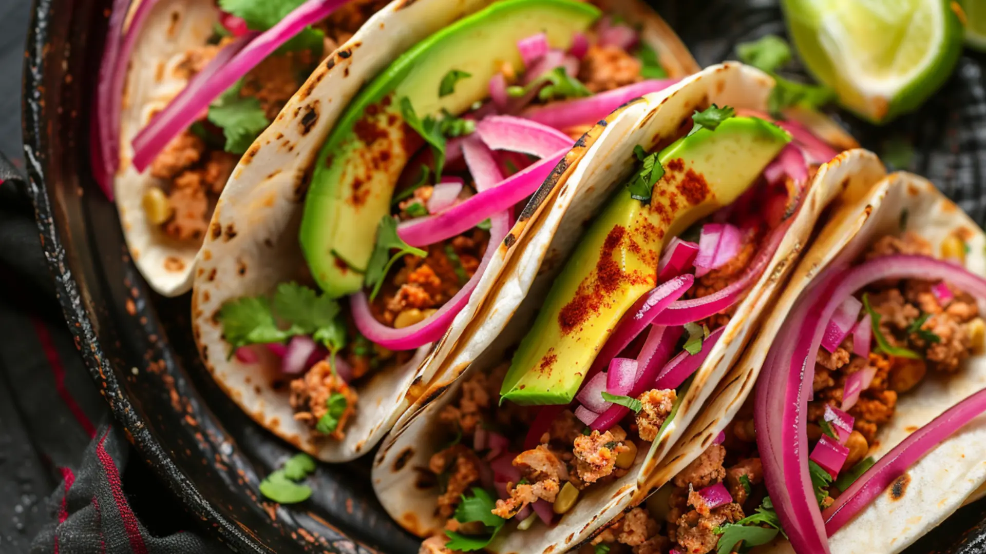 Center focused spicy ground chicken tacos with pickled red onion avocado and lime in soft tortillas with toppings on side