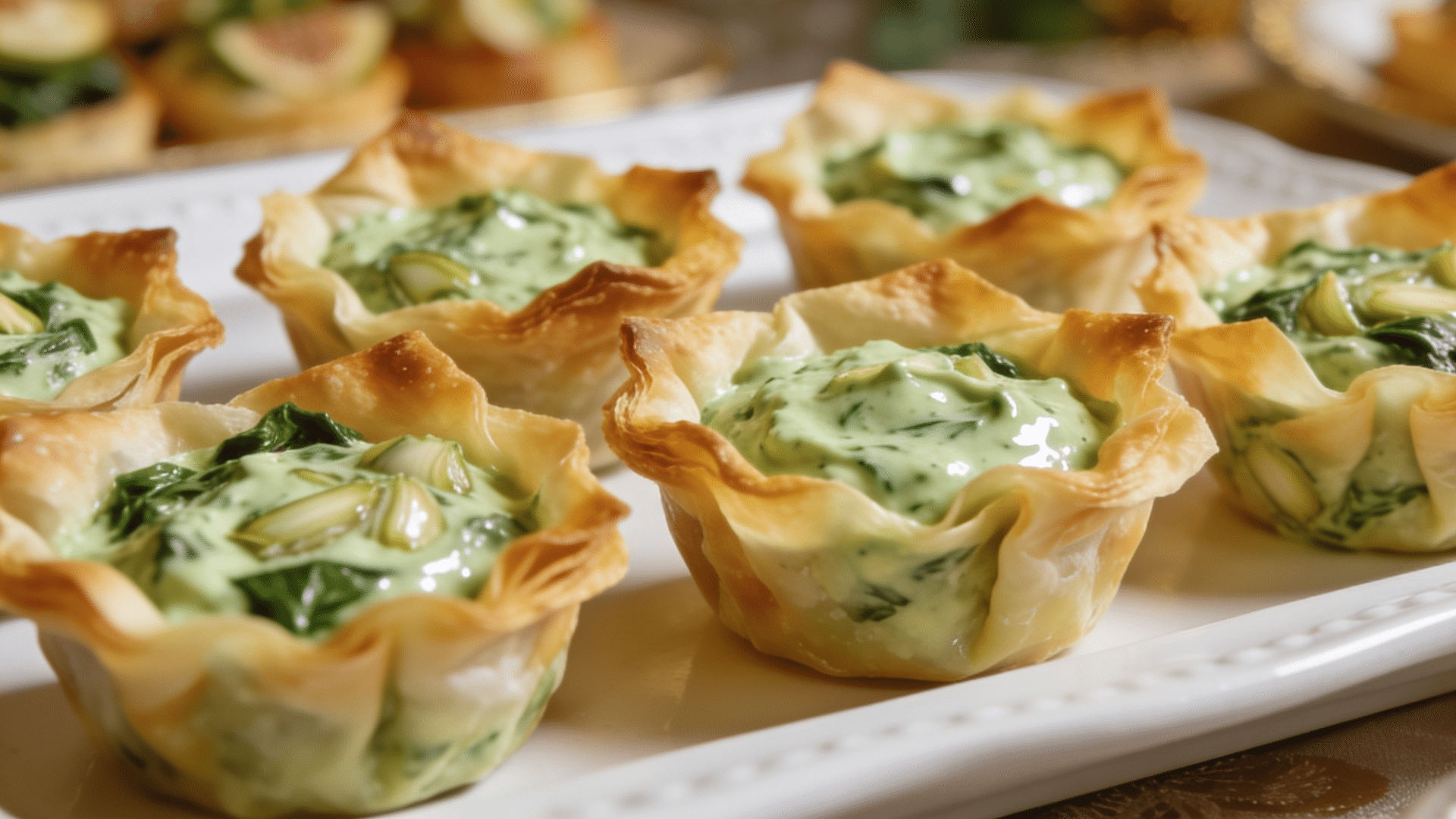 Miniature phyllo cups filled with a creamy green spinach and asparagus filling.