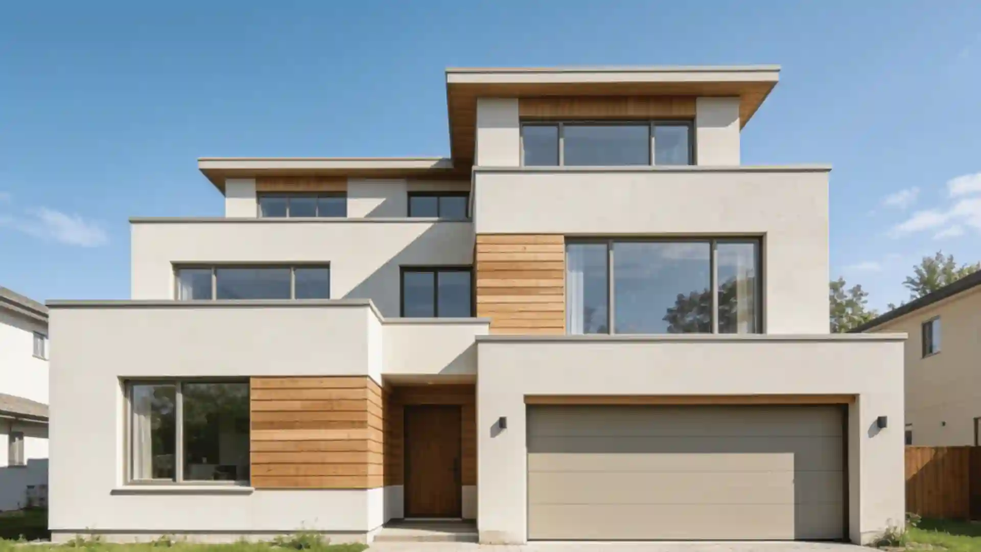 Modern, split-level beige house with wood accents and a garage under a clear blue sky.