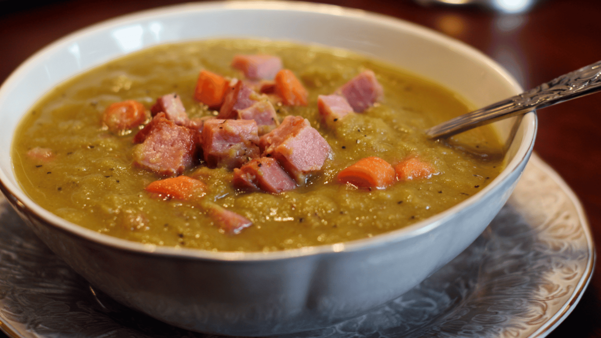 A comforting bowl of hearty split pea and ham soup in a meal prep container, mixed with diced carrots, celery, and tender pieces of ham.