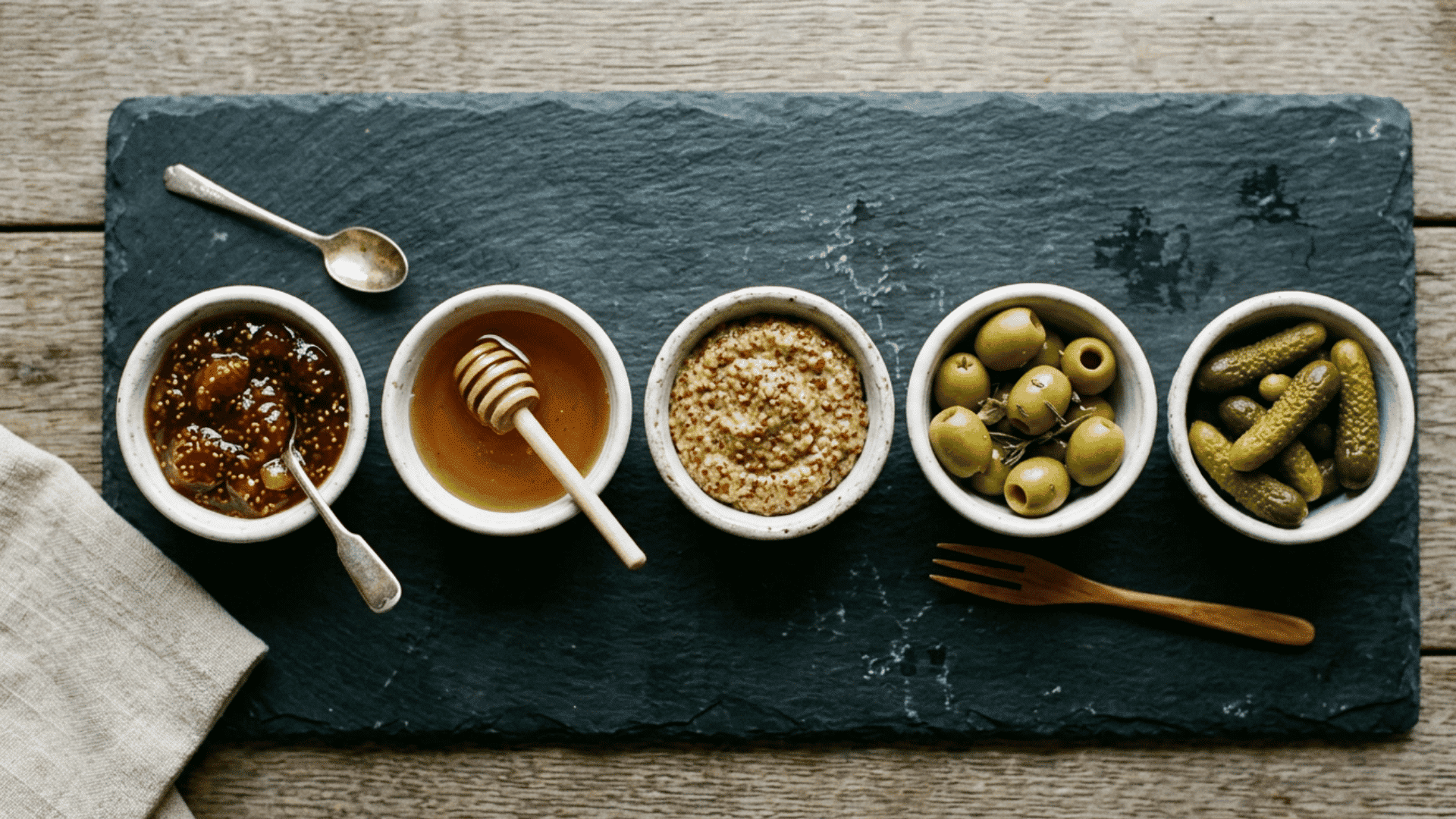 Ramekins of fig jam honey mustard olives cornichons