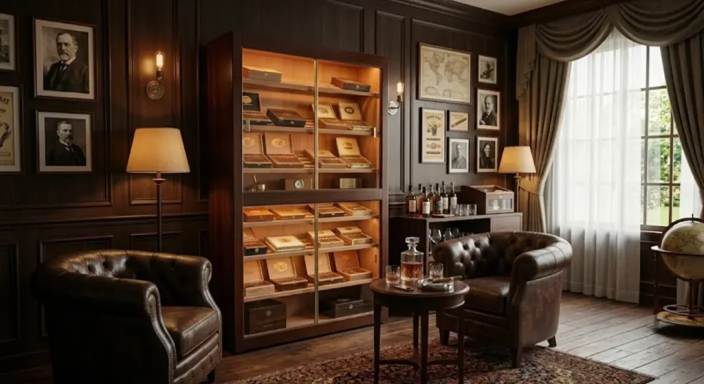 Cigar room with leather chairs, wooden shelves of cigars, and vintage decor in warm lighting