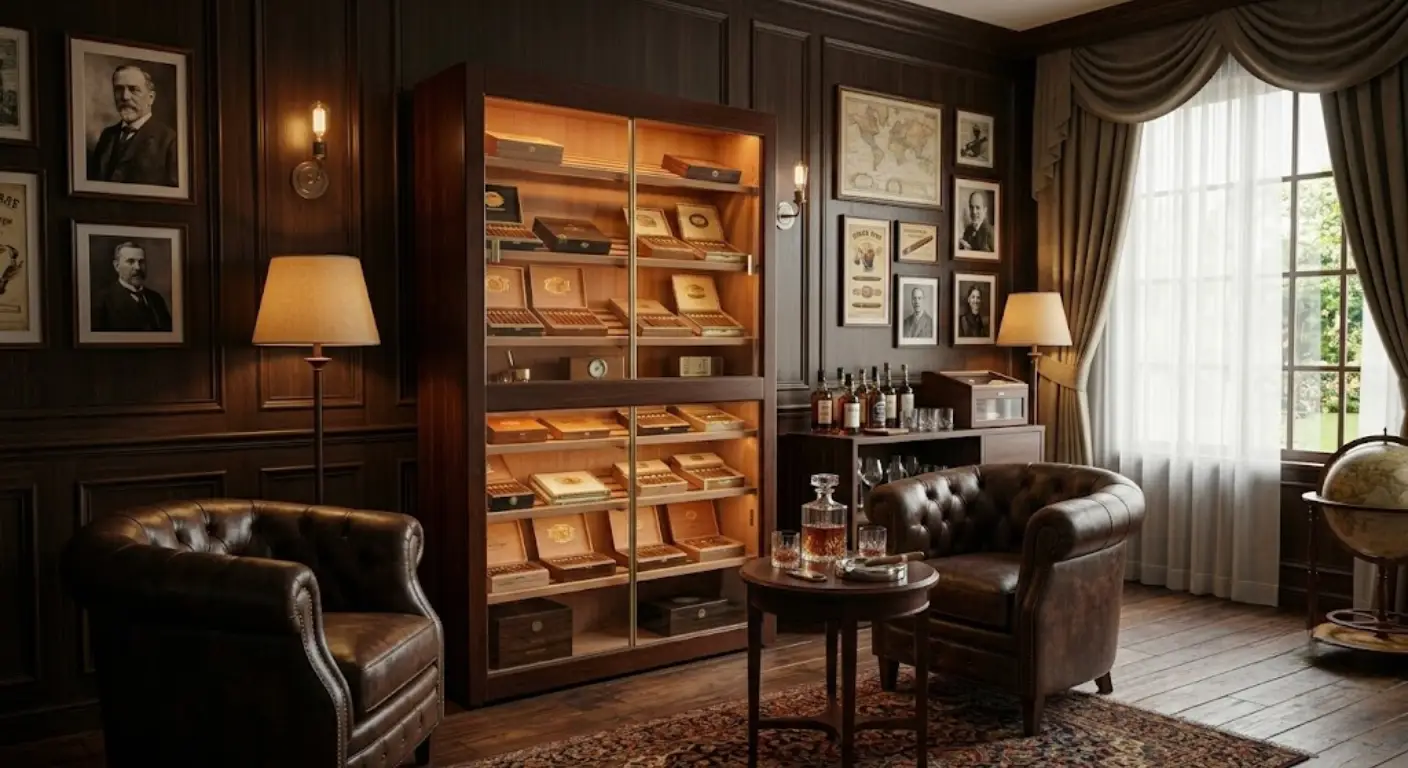 Cigar room with leather chairs, wooden shelves of cigars, and vintage decor in warm lighting