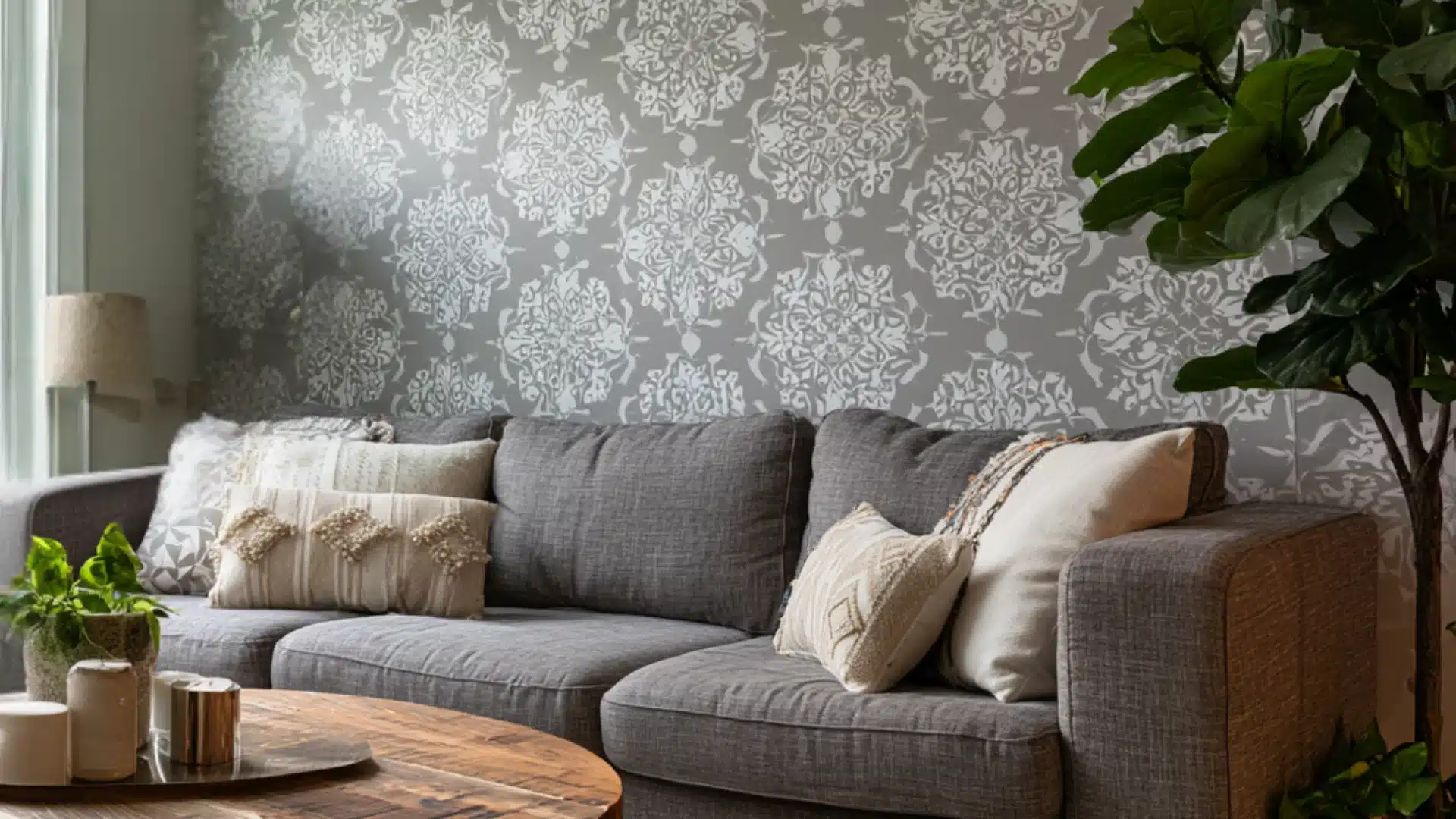 A modern gray couch in a living room, complemented by a rug and various decorative elements.