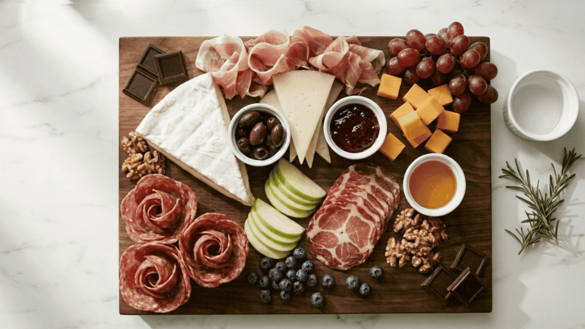 Ramekins grapes apples walnuts and chocolate fill charcuterie board