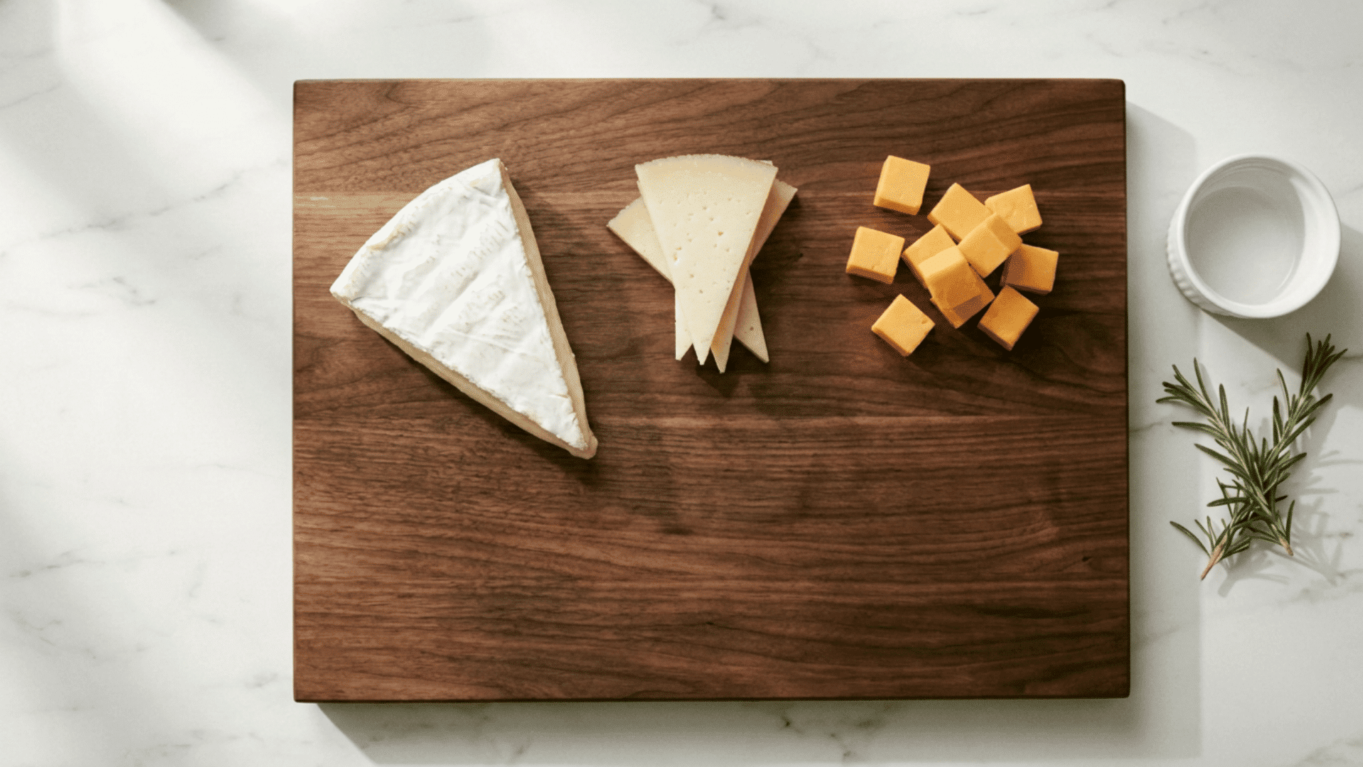 Brie manchego and cheddar arranged on walnut board