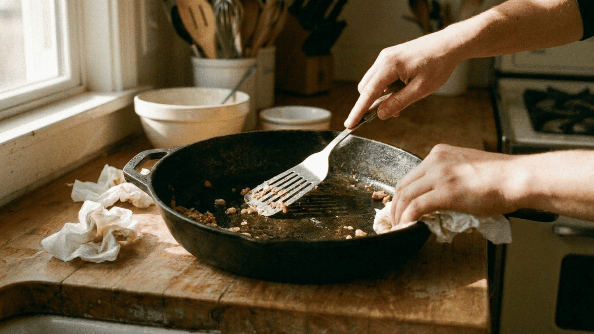 Cleaning cast iron pan with spatula towel