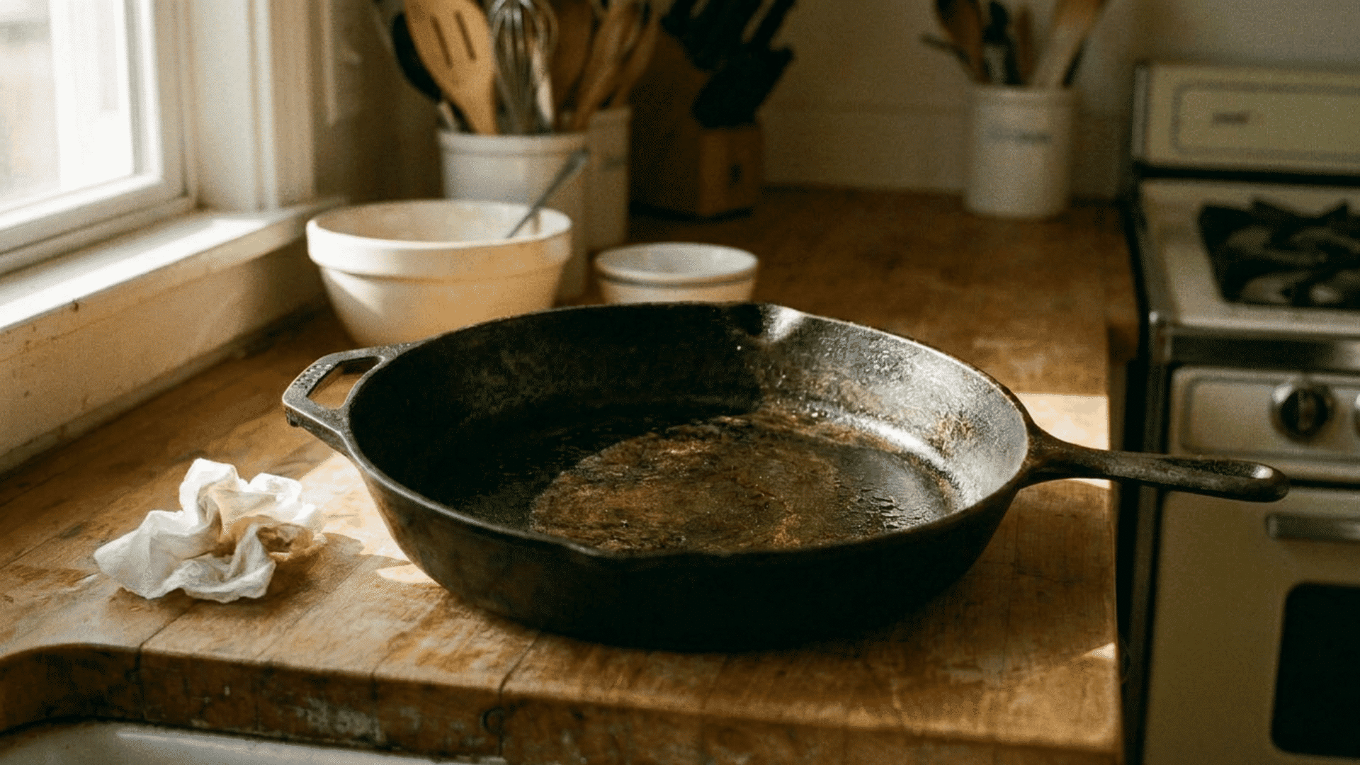 Cast iron pan cooling on wooden counter