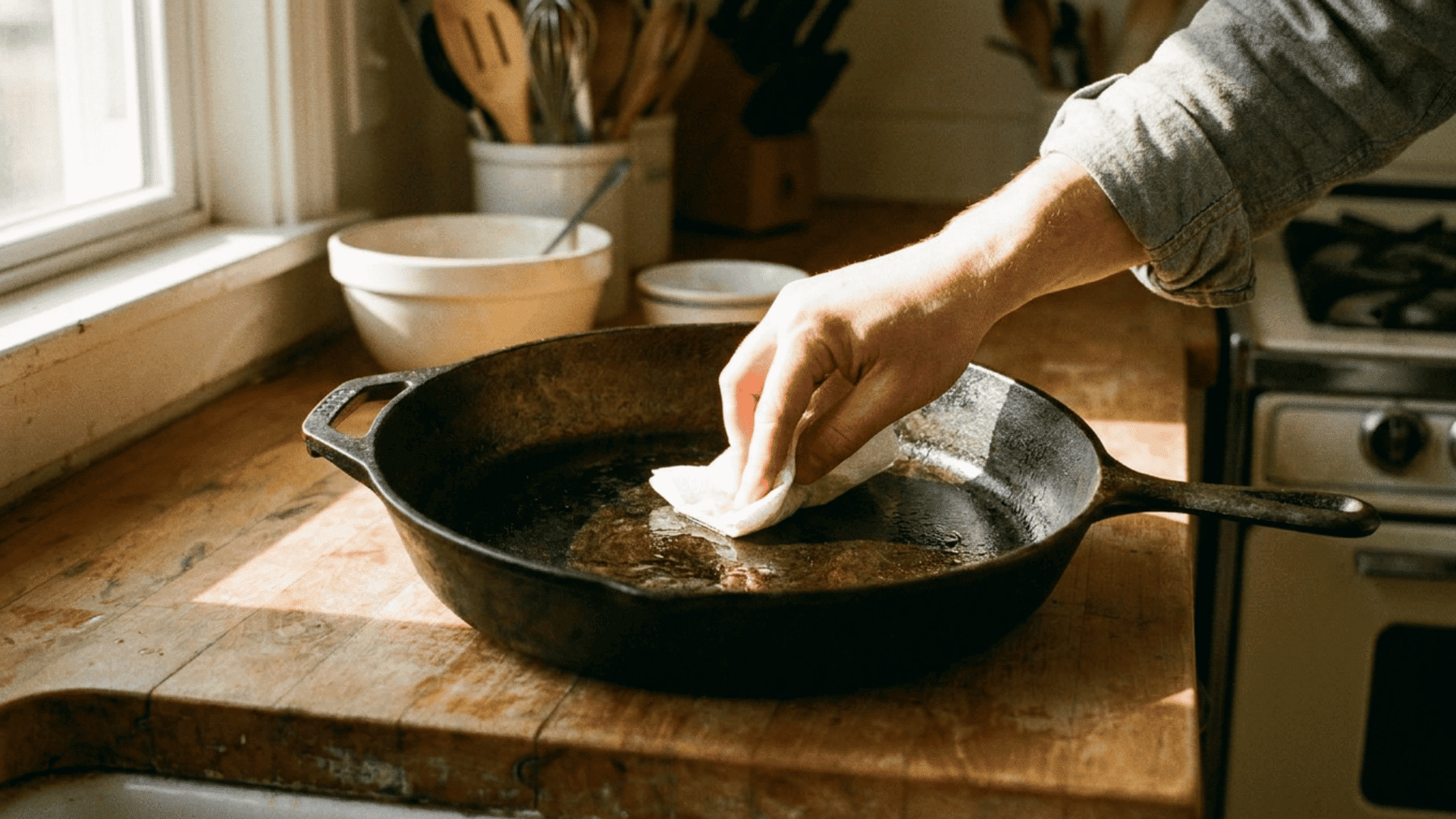Oiling cast iron pan before oven baking