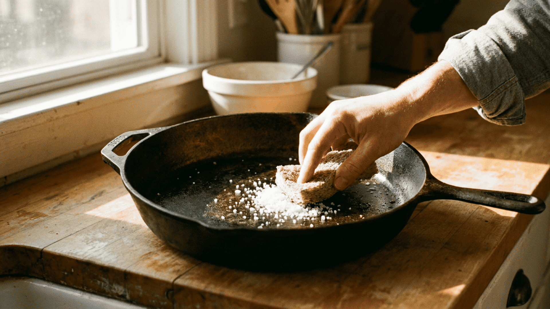 Cast iron pan scrubbed with kosher salt