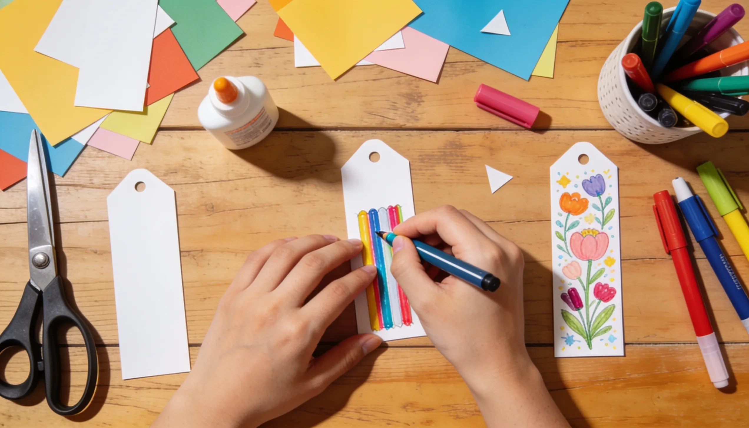 A person coloring bookmarks on a wooden table. Colorful markers, scissors, glue, and paper are scattered around.
