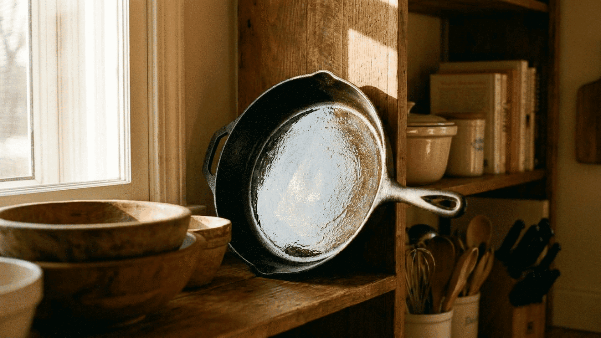 Cast iron pan stored oiled rustic shelf