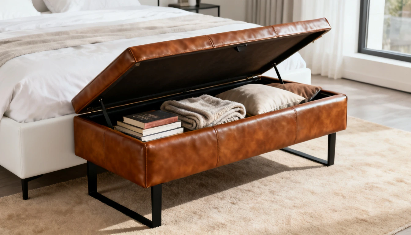 Brown leather storage ottoman with open lid revealing books, a folded blanket, and pillows next to a white bed.