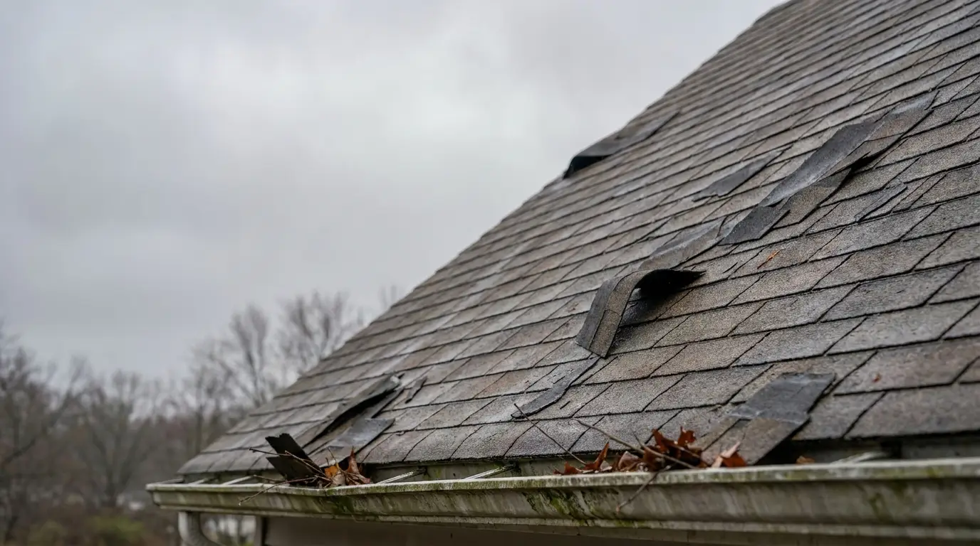 Damaged gray asphalt shingles on roof with fallen leaves in overcast weather