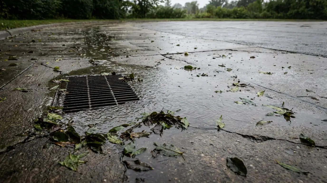 Water flowing into street drain surrounded by fallen leaves on wet pavement
