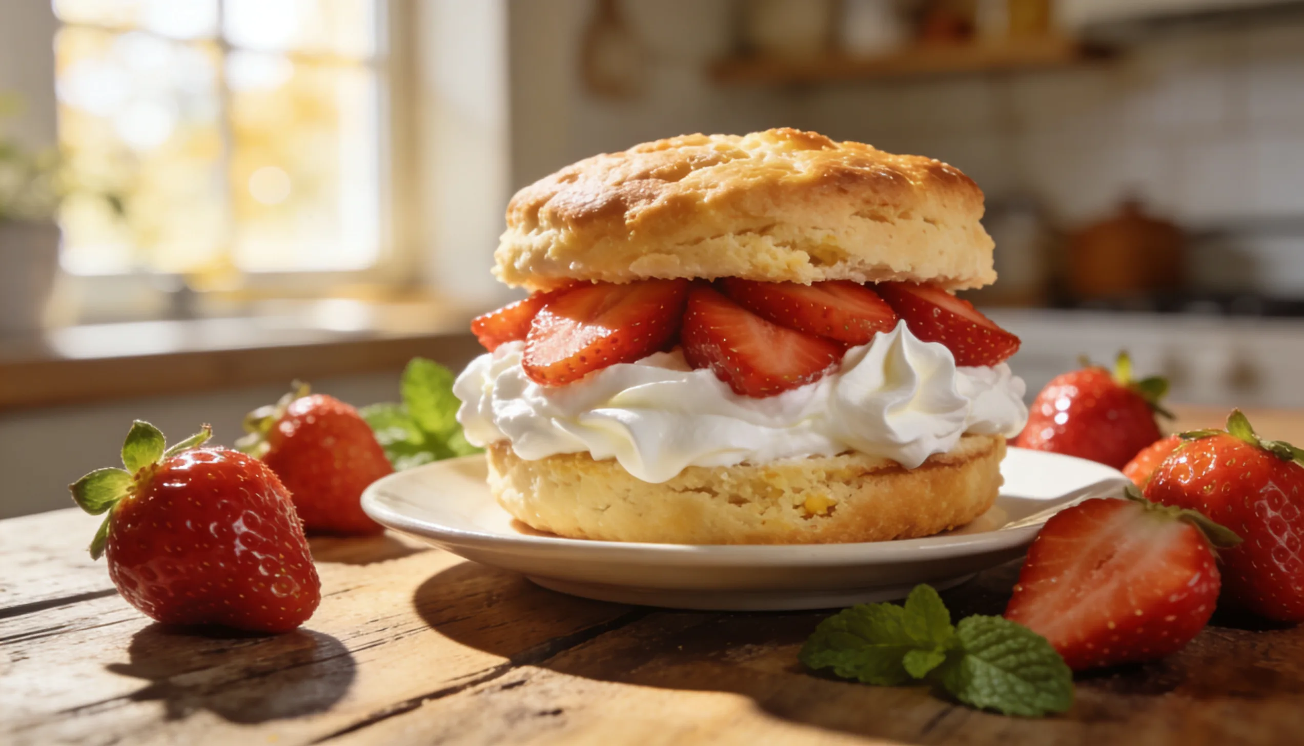 A strawberry shortcake topped with whipped cream and fresh strawberries, presented on a white plate.