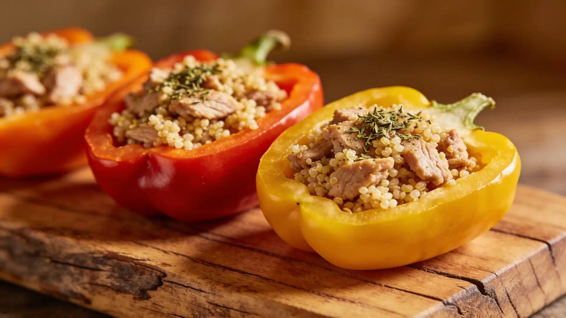 Colorful stuffed bell peppers packed with turkey and rice a complete meal in every pepper.