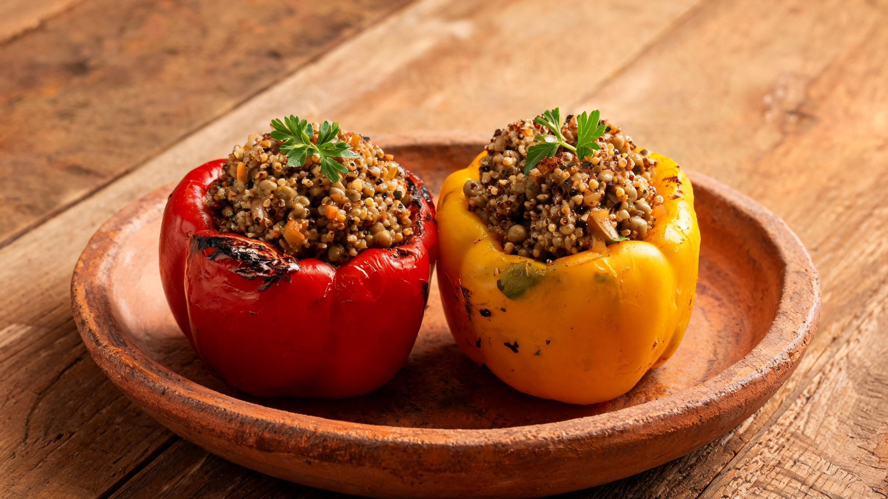 Baked bell peppers stuffed with a seasoned lentil and quinoa grain mixture.