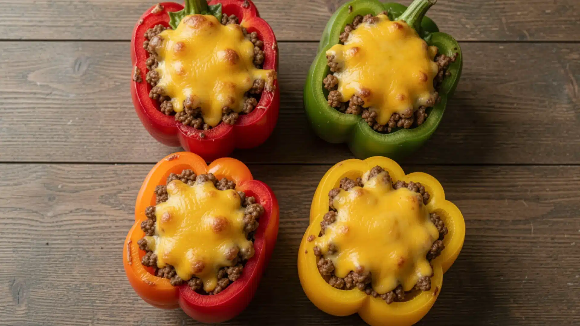 Four colorful stuffed bell peppers, filled with seasoned ground meat and topped with melted cheese