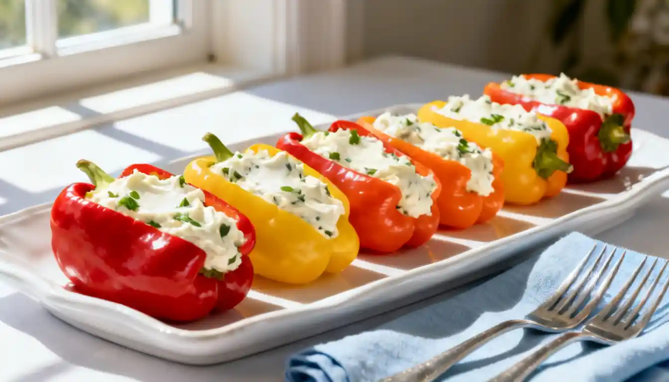 Stuffed mini bell peppers with a creamy filling are arranged in a line on a white platter.