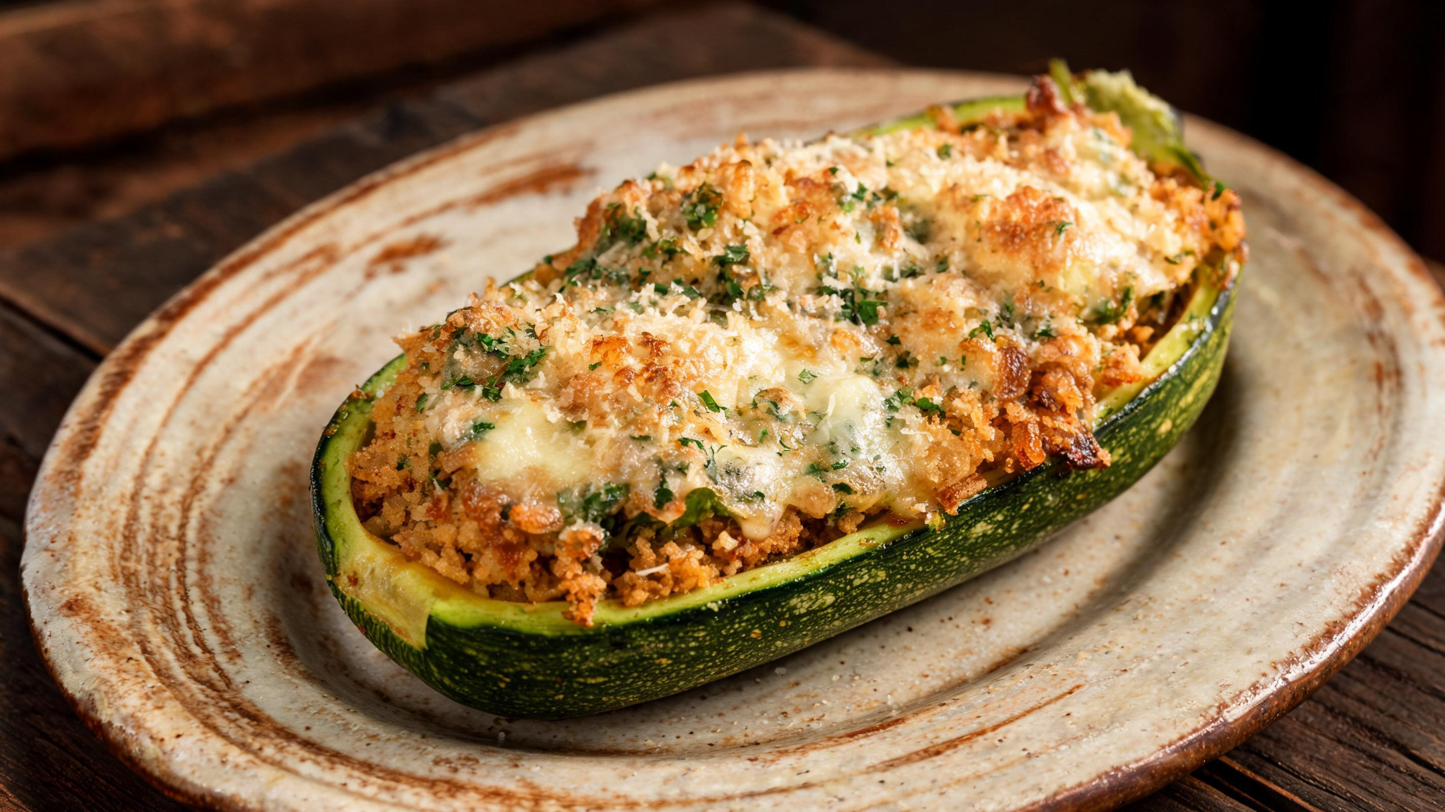 Golden-brown stuffed zucchini topped with melted cheese and herbs on a rustic plate.