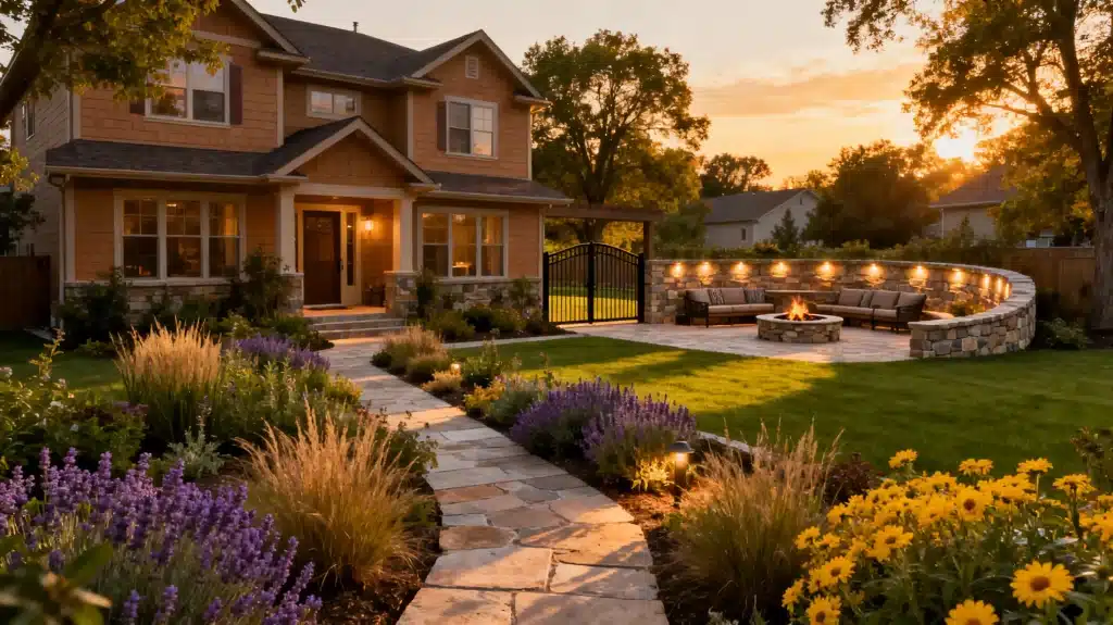 Two-story house with stone pathway leading to patio fire pit surrounded by garden at sunset