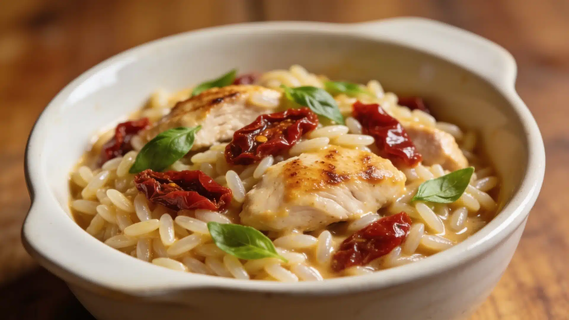 A rich and creamy sun dried tomato chicken orzo simple enough for a weeknight dinner.
