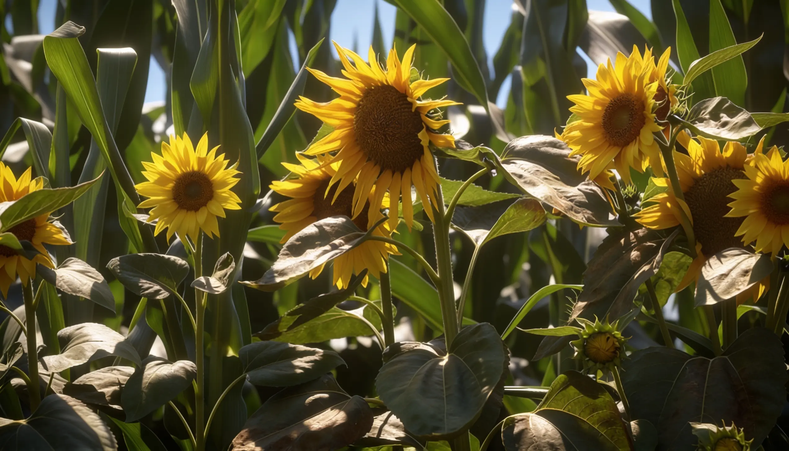 Several bright yellow sunflowers bloom among tall green corn stalks under a bright blue sky.