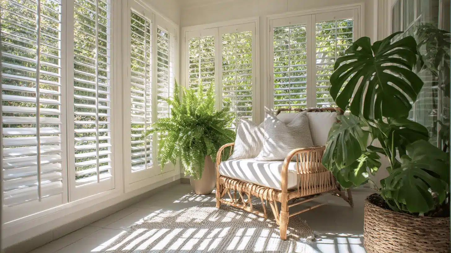 bright sunroom with white louvered shutters rattan bench and large tropical plants on tiled floor
