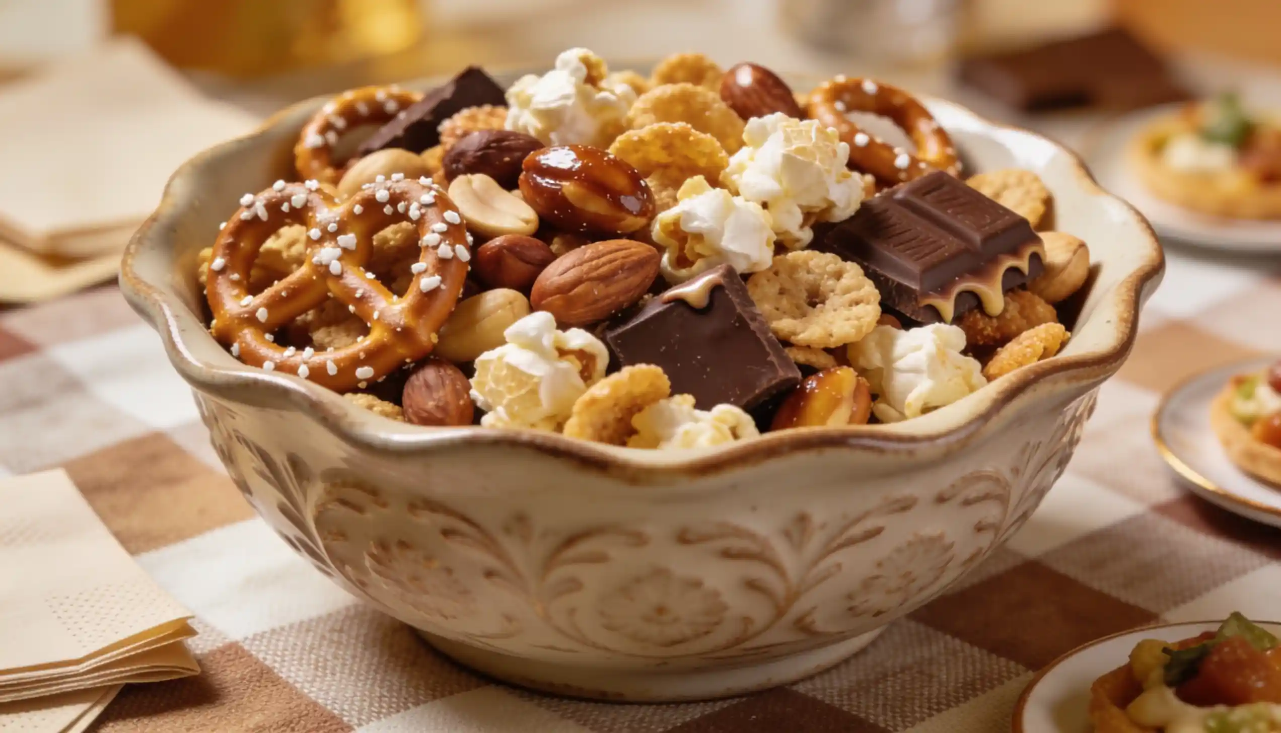 Bowl of snack mix with pretzels, popcorn, nuts, chocolate, and cereal pieces.