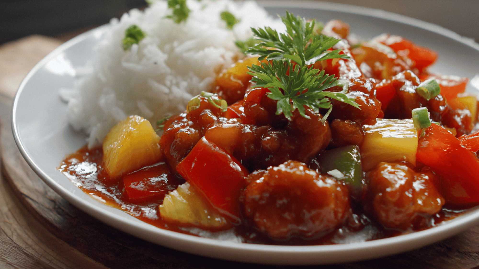 Tender chicken breasts simmering in a rich, vibrant sweet and sour glaze made with pineapple chunks, brown sugar, vinegar, and ketchup inside a slow cooker.